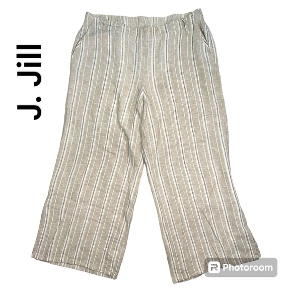 J. Jill Tan Striped Linen Blend Split Hem Wide Leg Cropped Women's Size M - Picture 2 of 13
